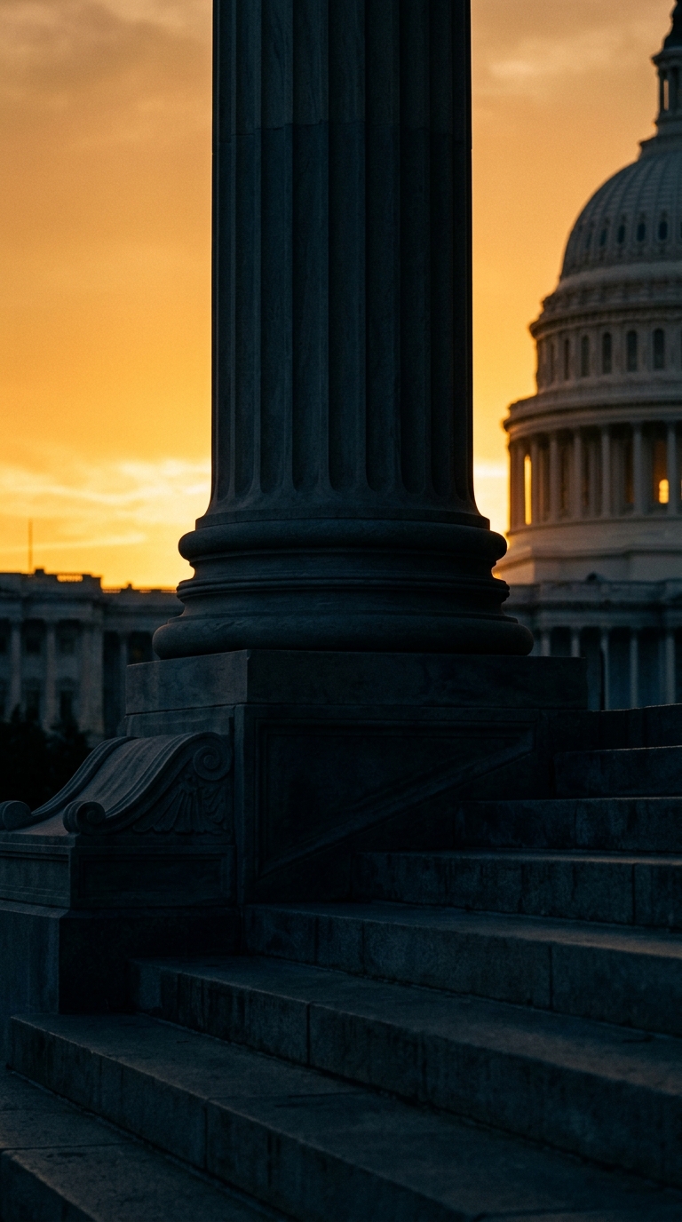 A close-up view of a marble column with the U.S. Capitol building in the background during sunset.
