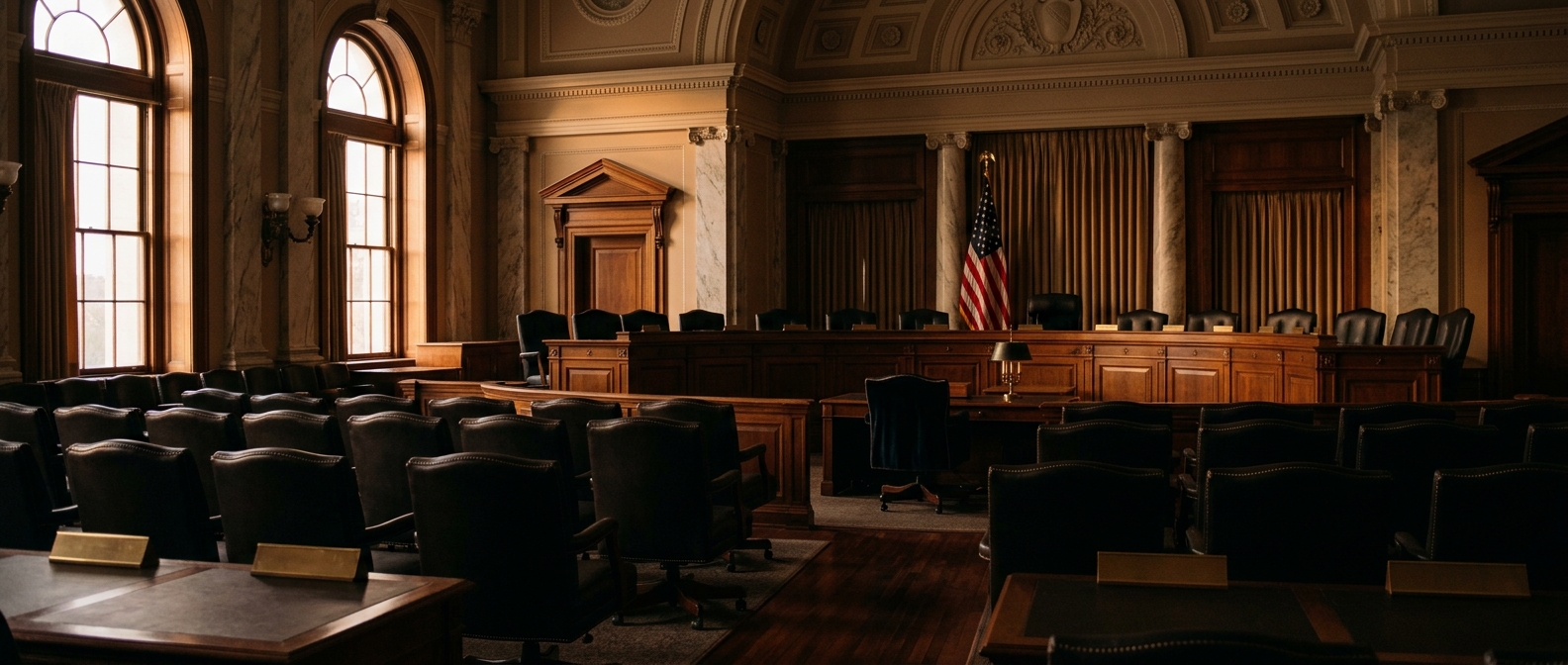A dimly lit courtroom featuring wooden furniture and an American flag.