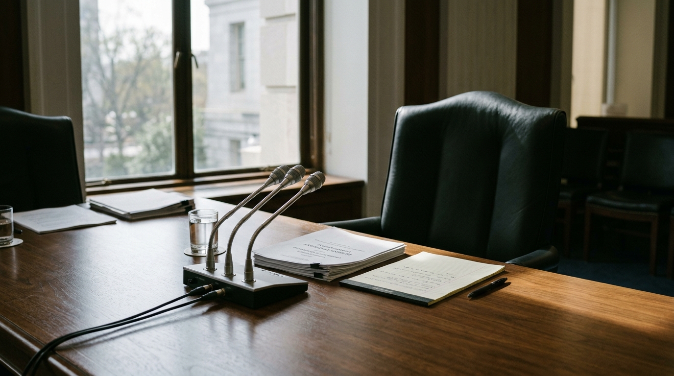 A conference table with microphones, papers, and a glass of water in a formal setting.