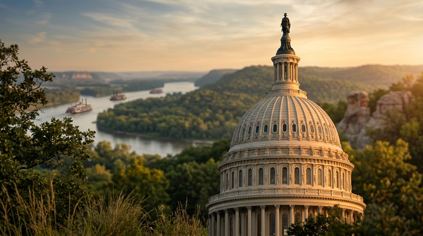 A view of a dome structure overlooking a river and lush landscape.
