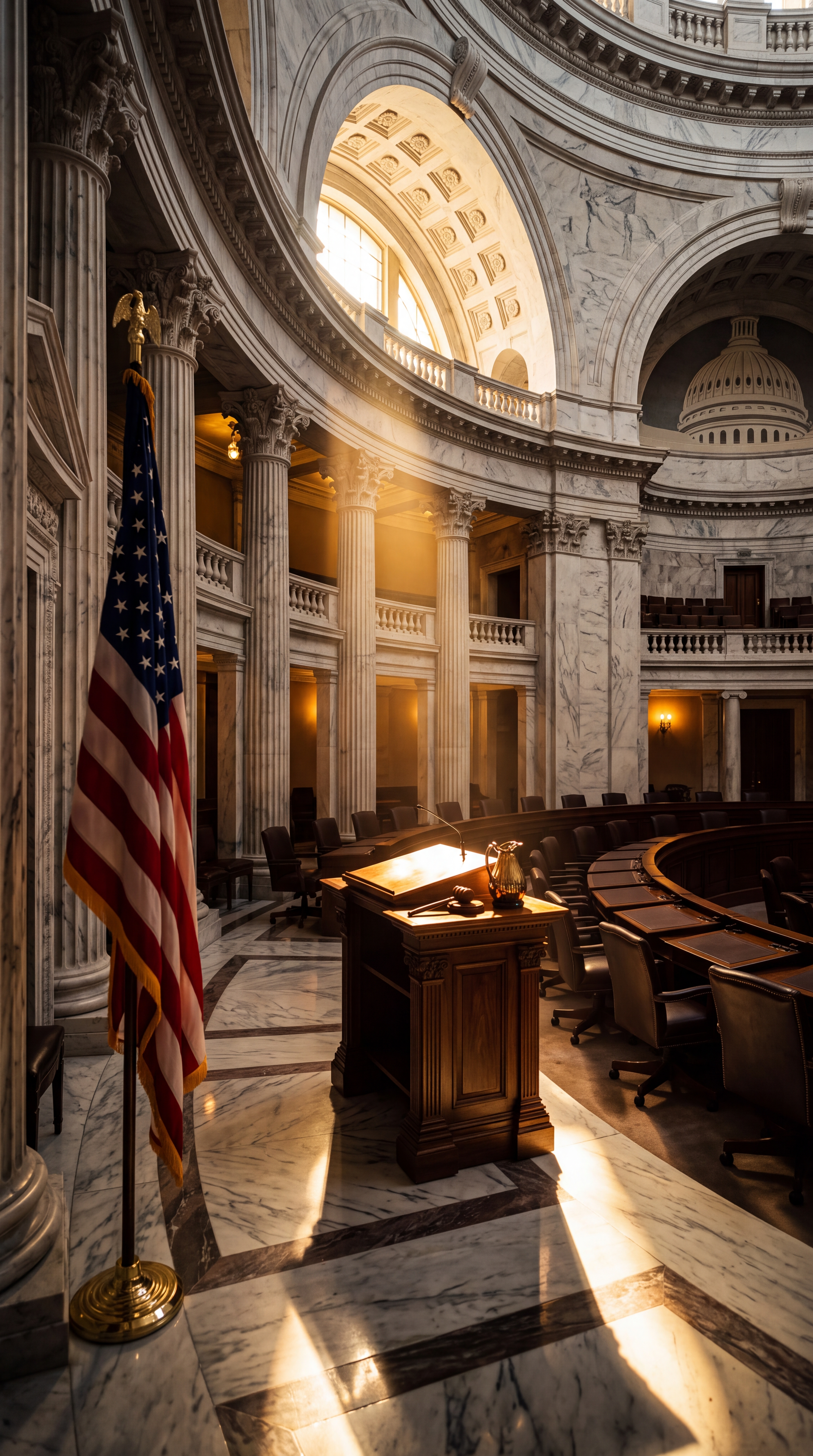 An interior view of a legislative chamber with a wooden podium and an American flag.