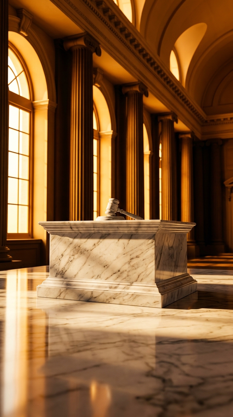 A marble gavel resting on a pedestal in a grand, well-lit courtroom.