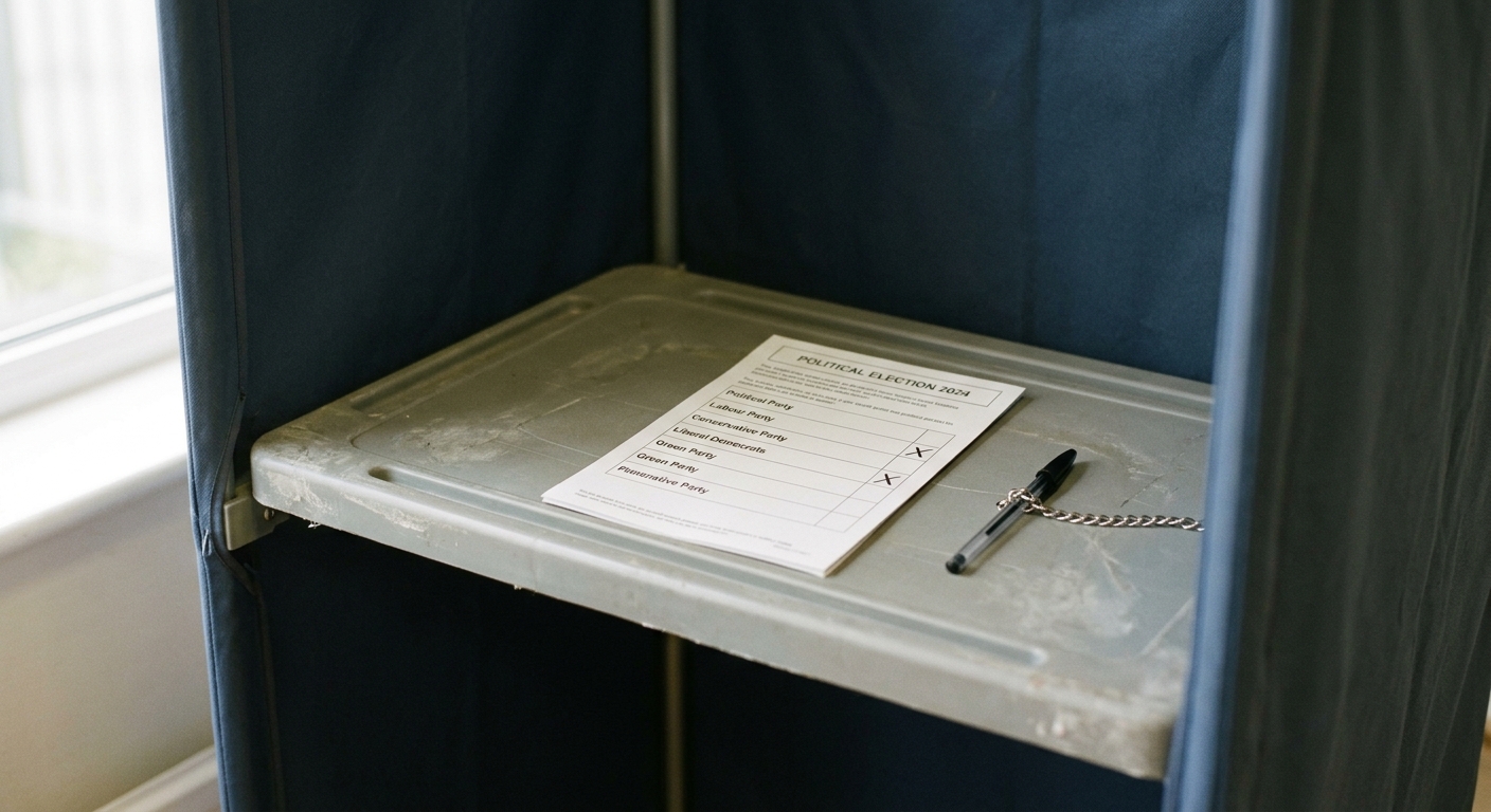 A voting booth with a ballot and pen on a metal surface.