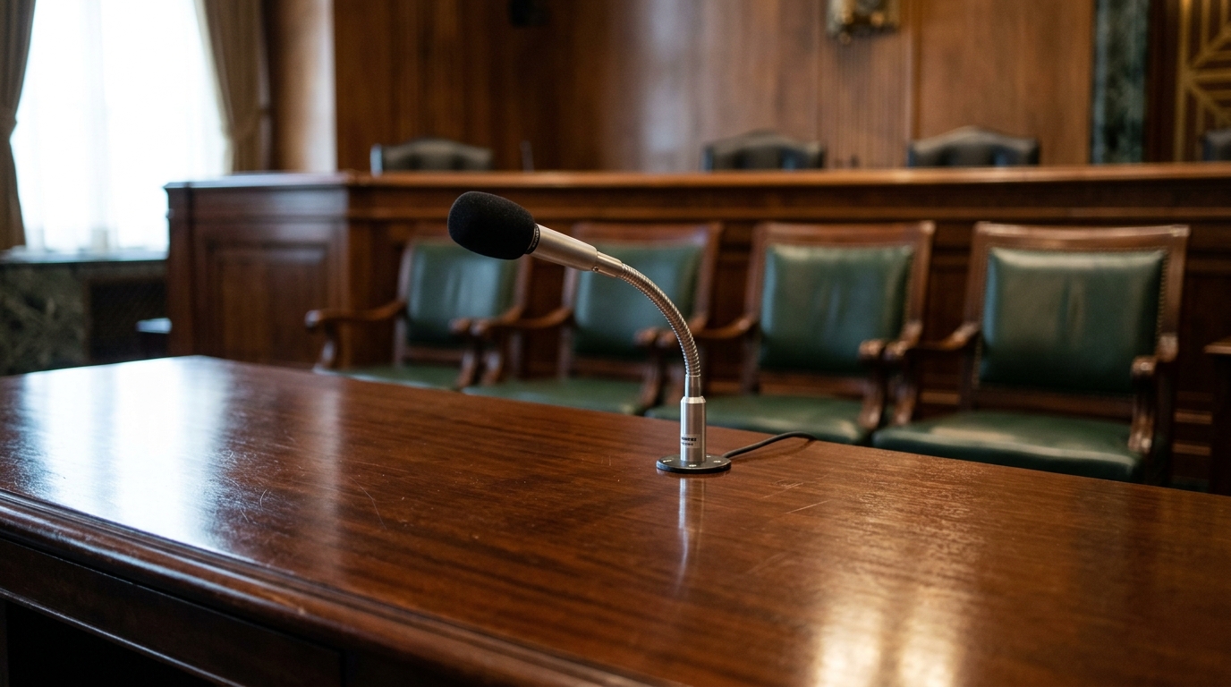 A courtroom setting featuring a microphone on a wooden table with empty chairs in the background.