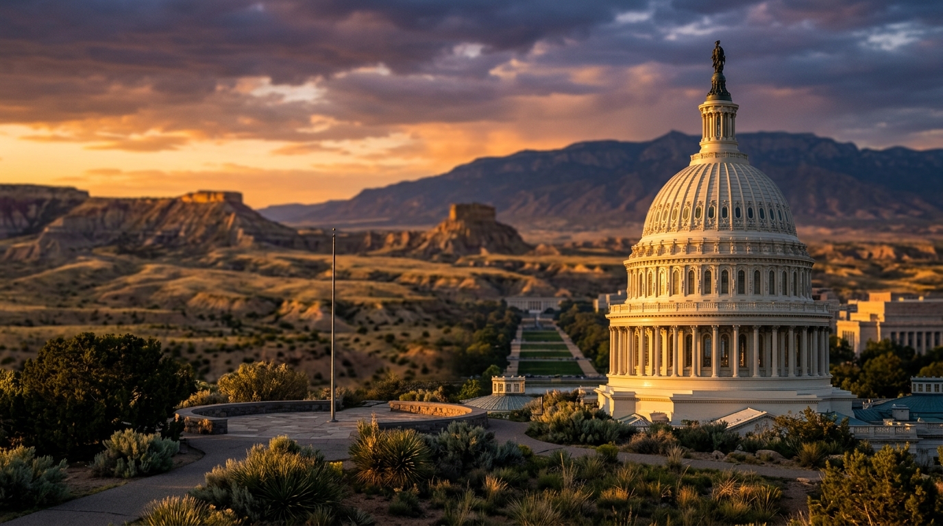 The image shows a prominent dome structure set against a mountainous landscape during sunset.