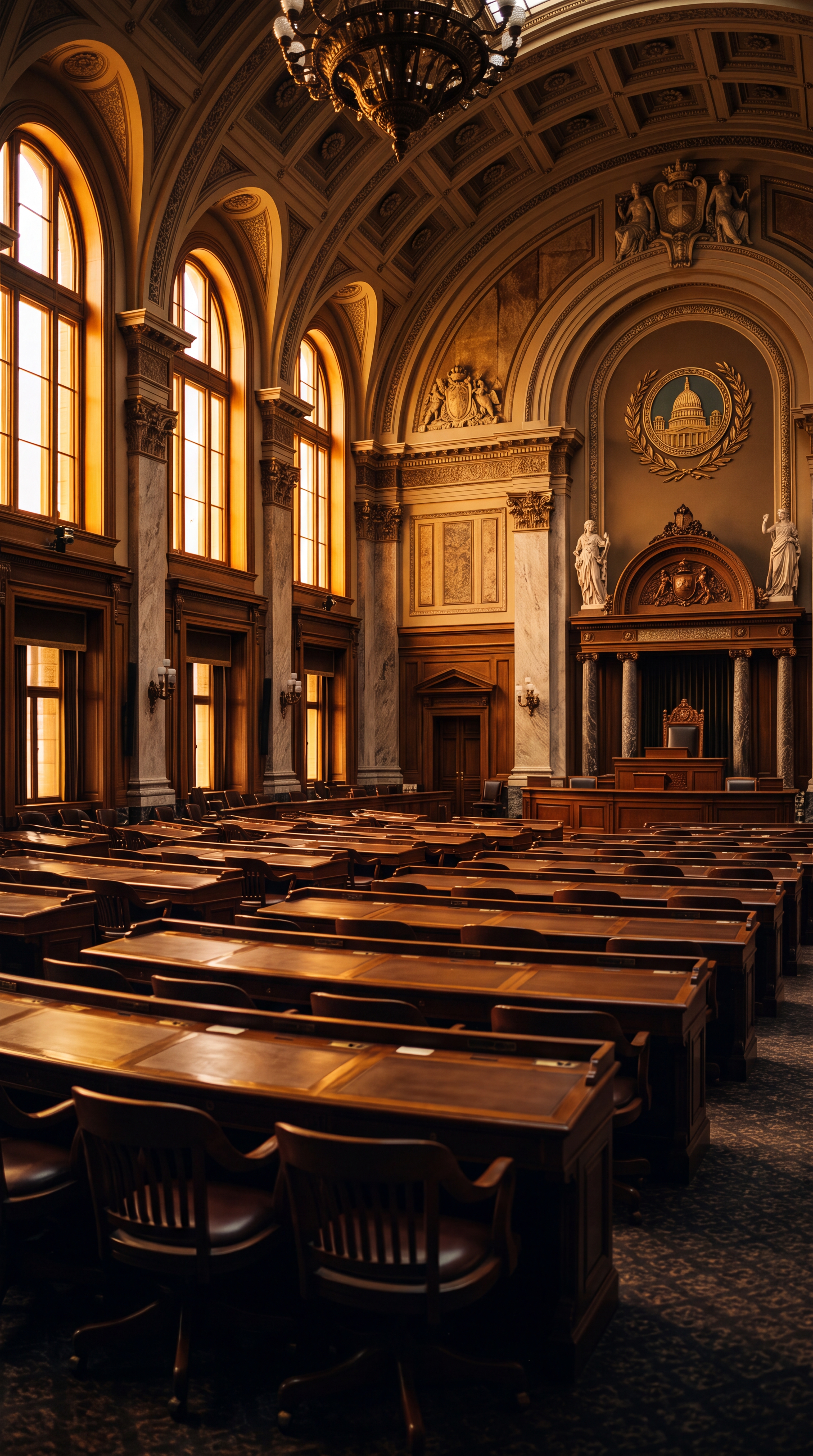 A grand interior of a legislative chamber with wooden tables and large windows.