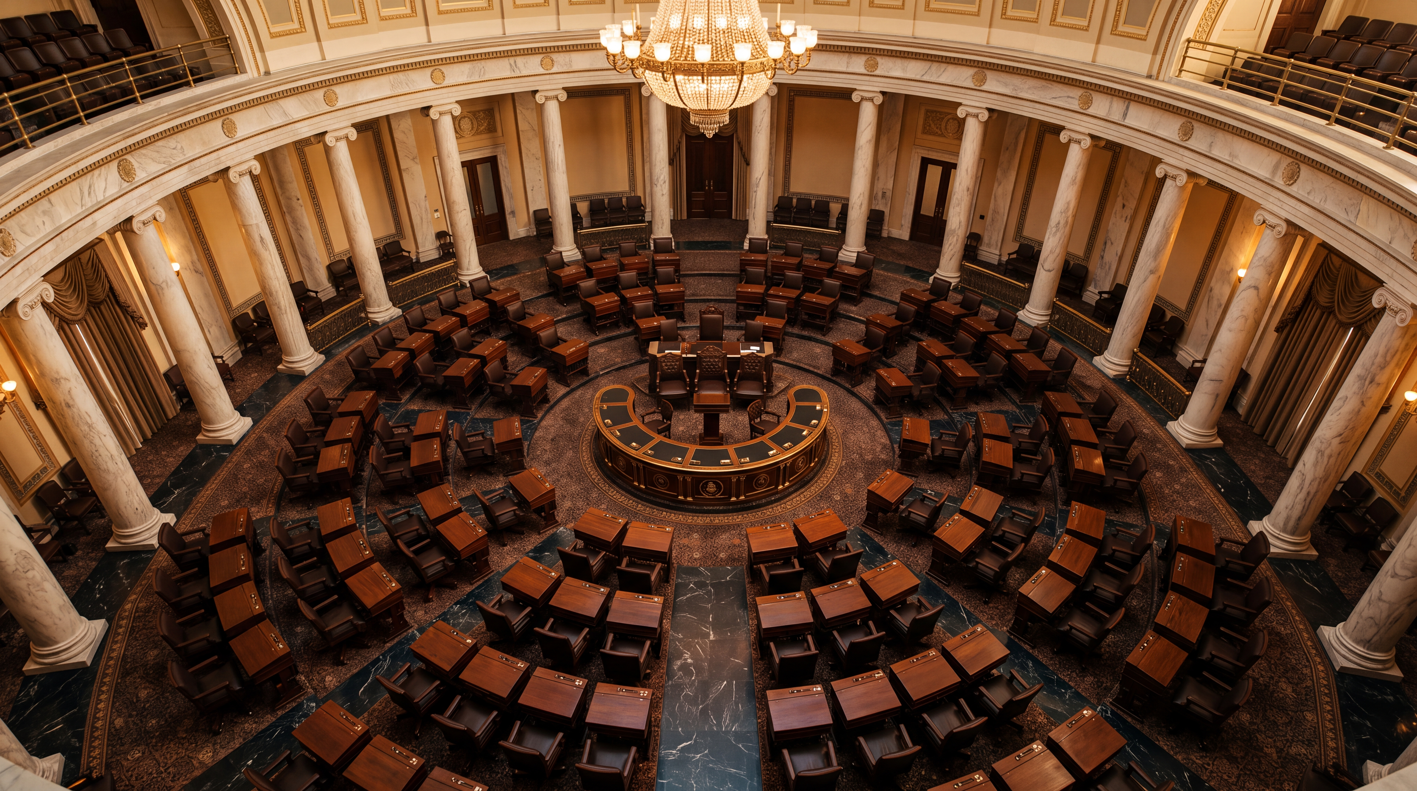 A view of a grand legislative chamber with rows of wooden desks and a central podium.