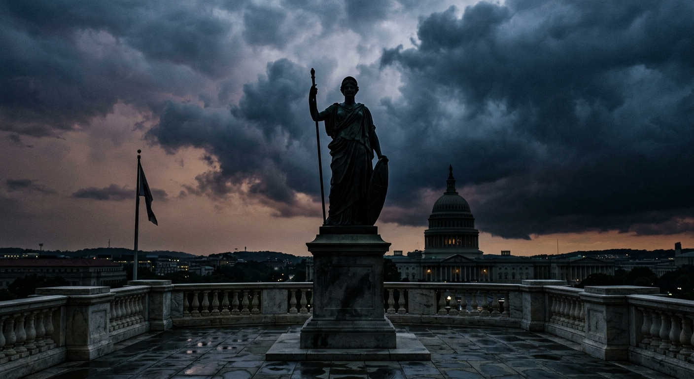 A statue stands in front of a dark, cloudy sky with a prominent building in the background.