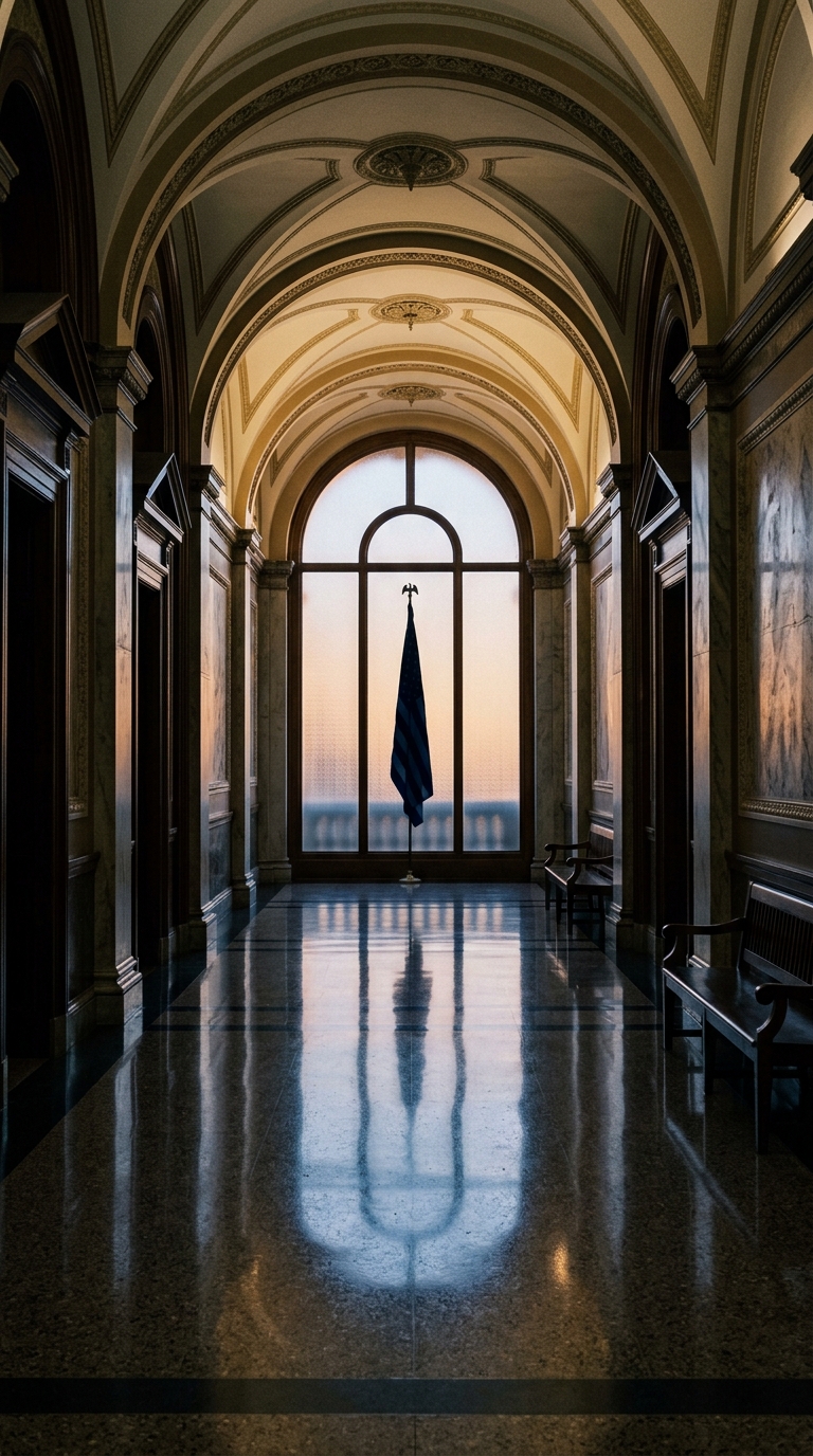 A hallway with a large window and an American flag hanging in front of it.