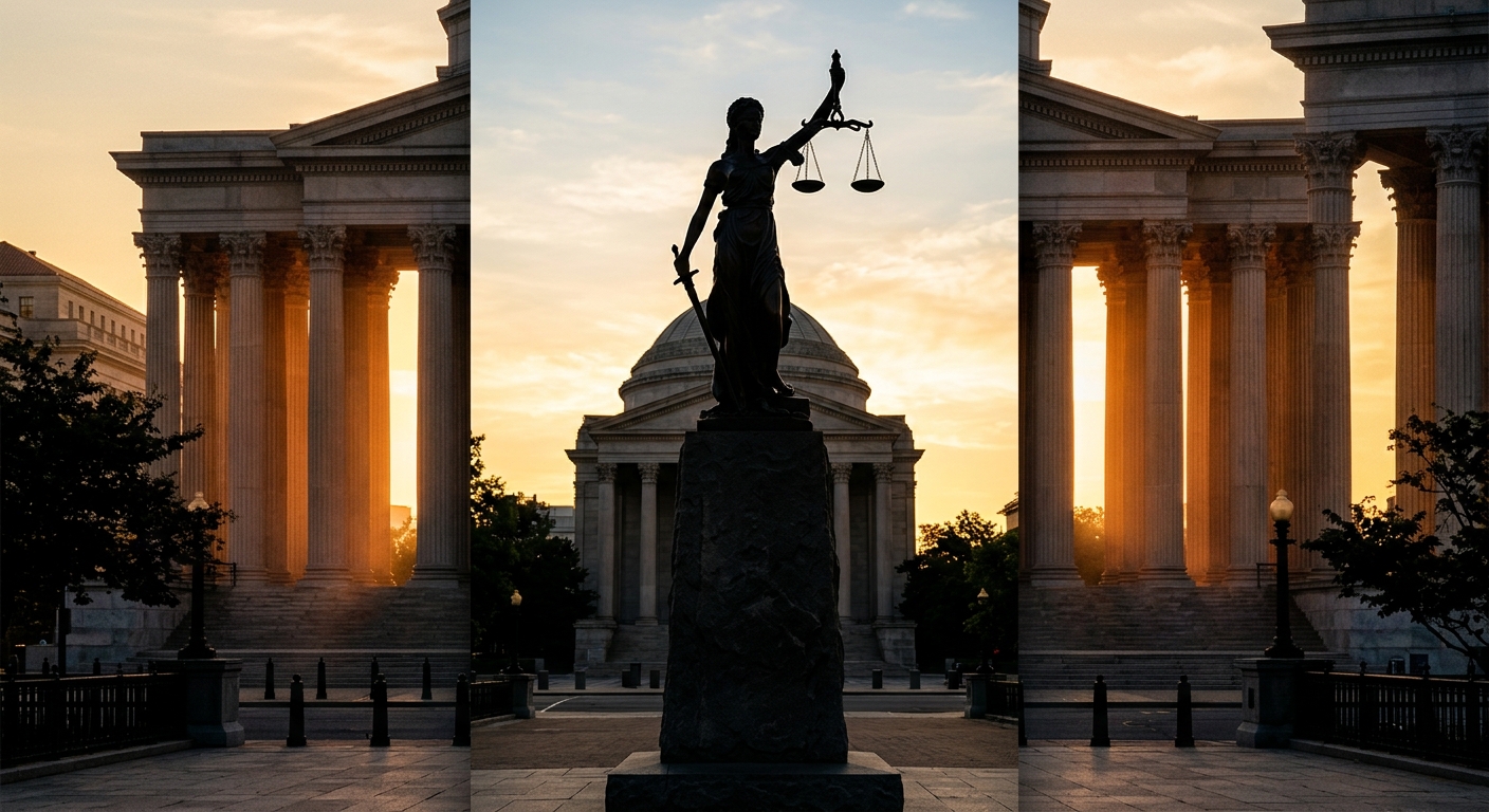 A silhouette of a statue representing justice in front of classical architecture at sunset.