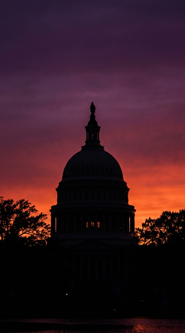 The silhouette of a large dome building against a colorful sunset sky.