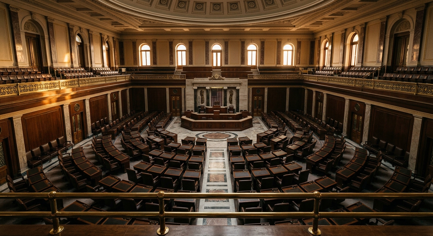 An interior view of a legislative chamber with rows of seating and a central podium.