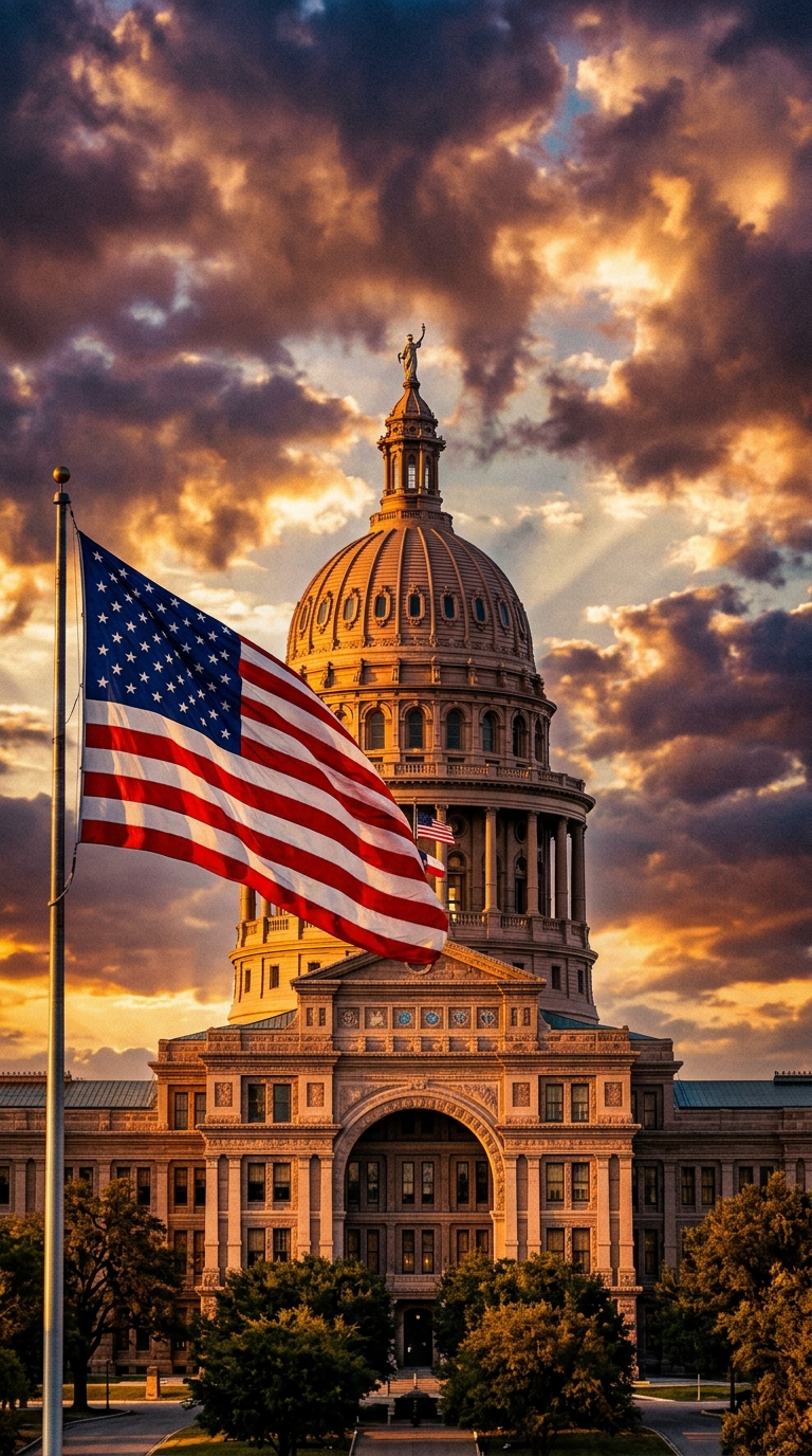 A historic building with a dome is illuminated by a sunset, featuring an American flag in the foreground.