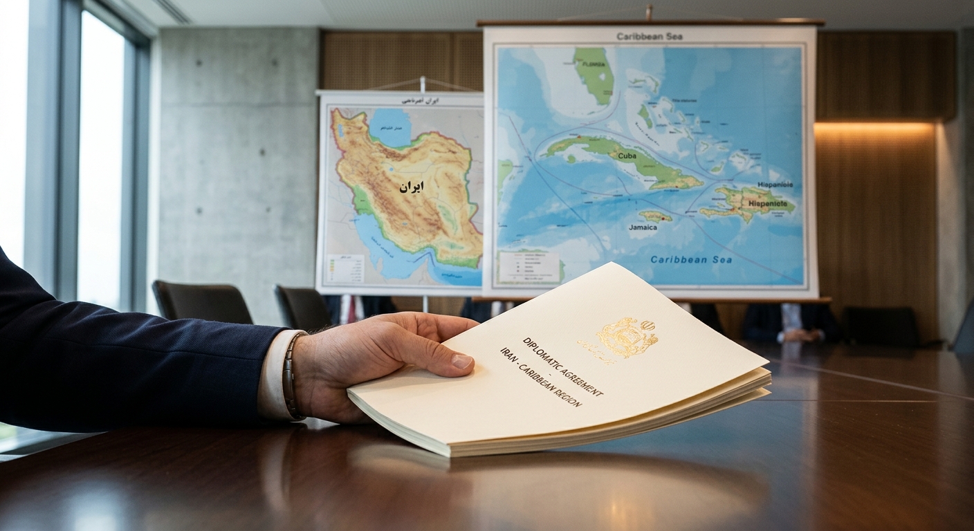 A person holding a document in front of maps of the Caribbean Sea and surrounding regions.