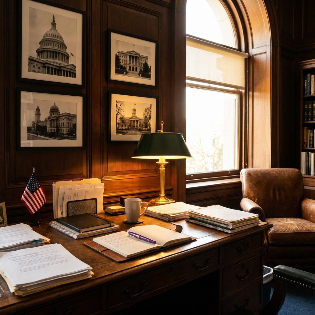 A wooden desk in an office with framed black and white photographs and a lamp.