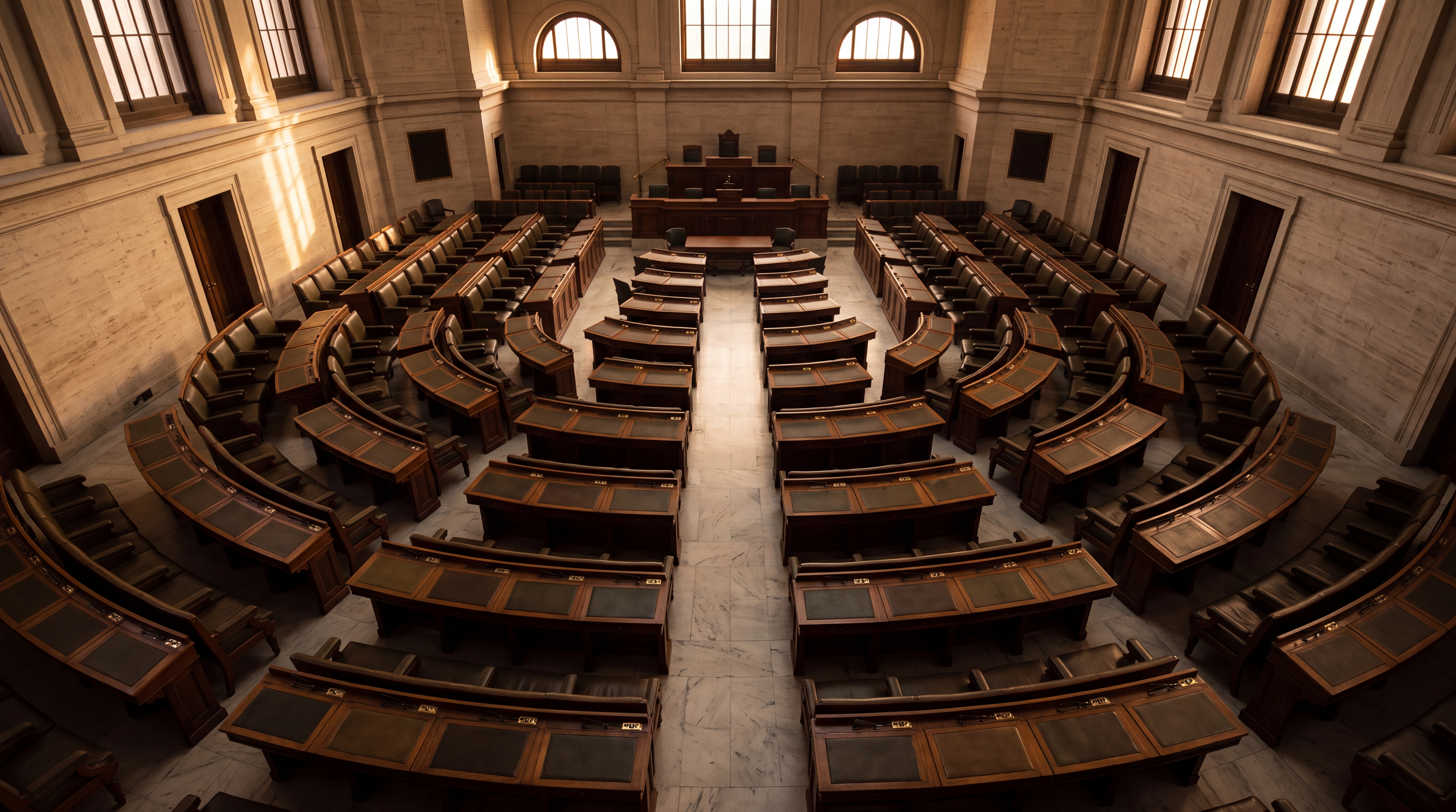 An interior view of a legislative chamber with wooden seating arranged in a circular pattern.