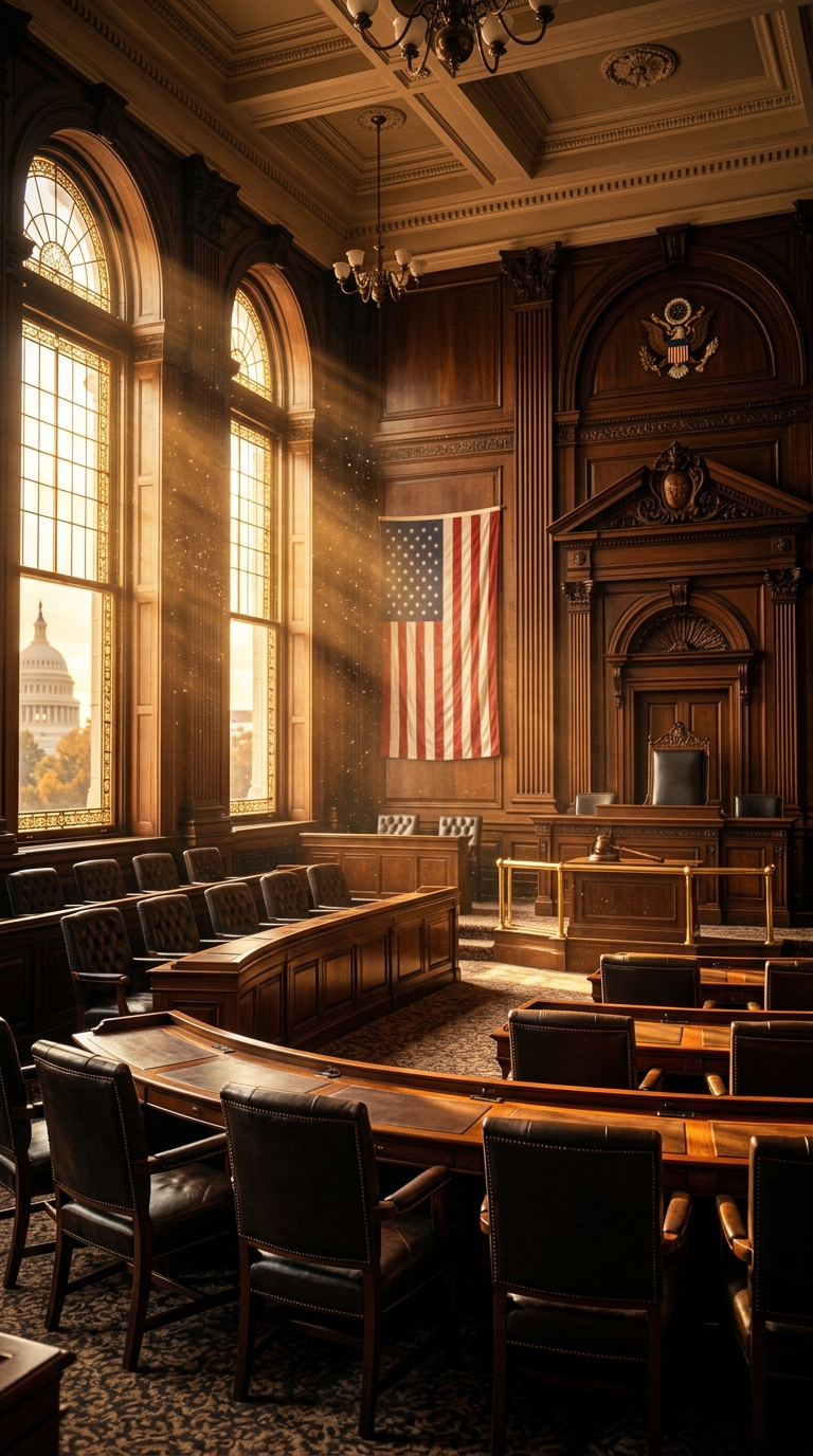 A courtroom interior featuring wooden furniture and an American flag.