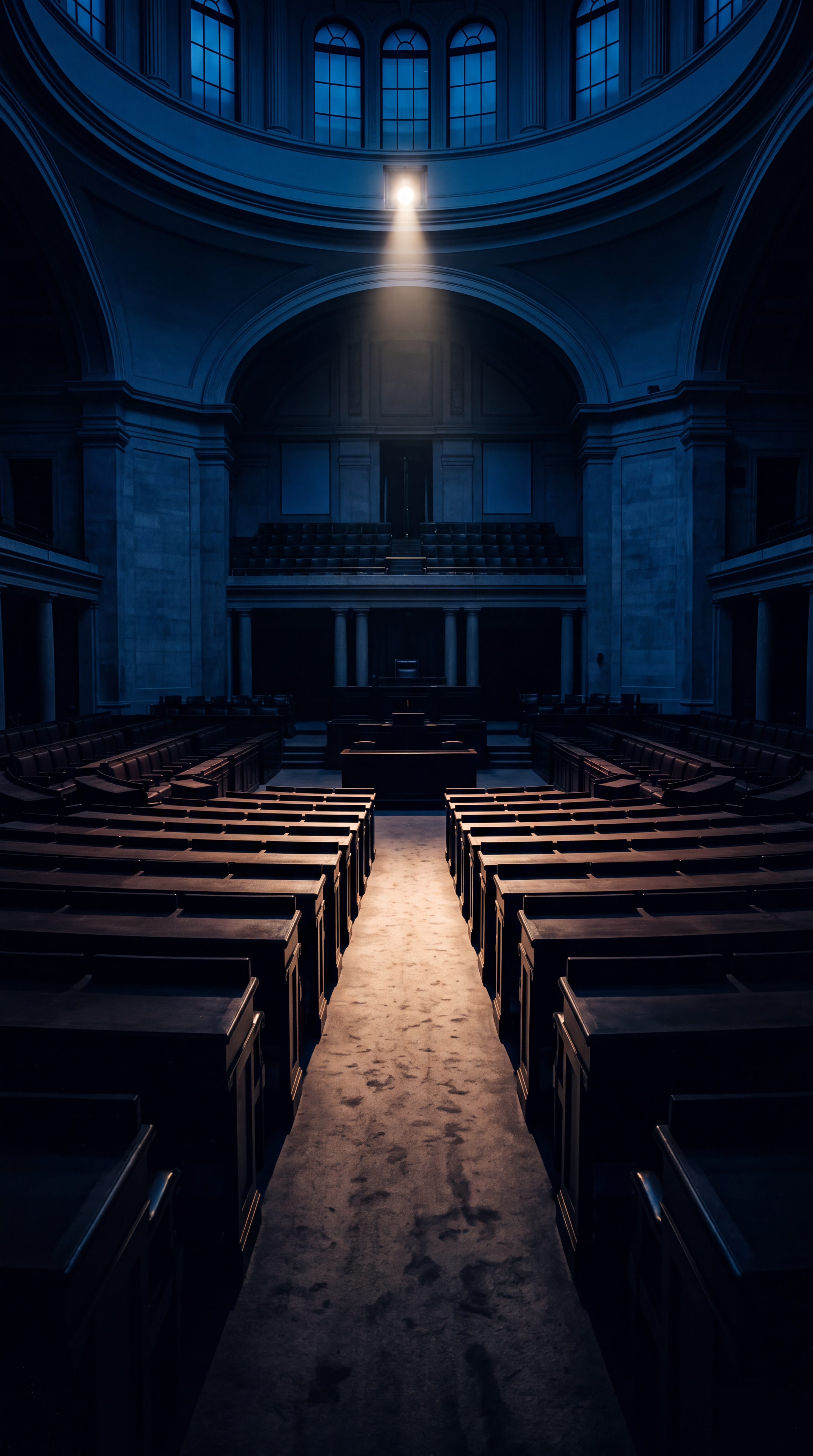 An empty legislative chamber with rows of wooden seats and a spotlight illuminating the center aisle.