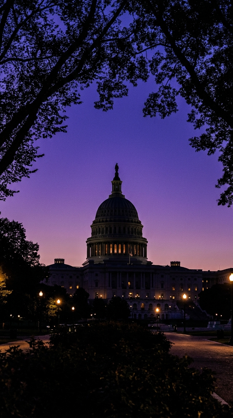 The image shows the United States Capitol building silhouetted against a twilight sky.