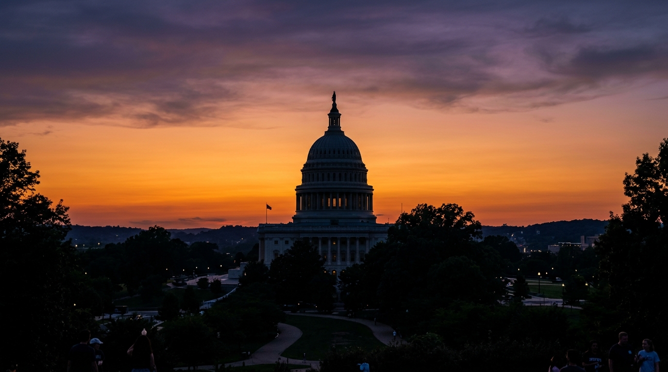 The silhouette of a large dome building against a colorful sunset sky.