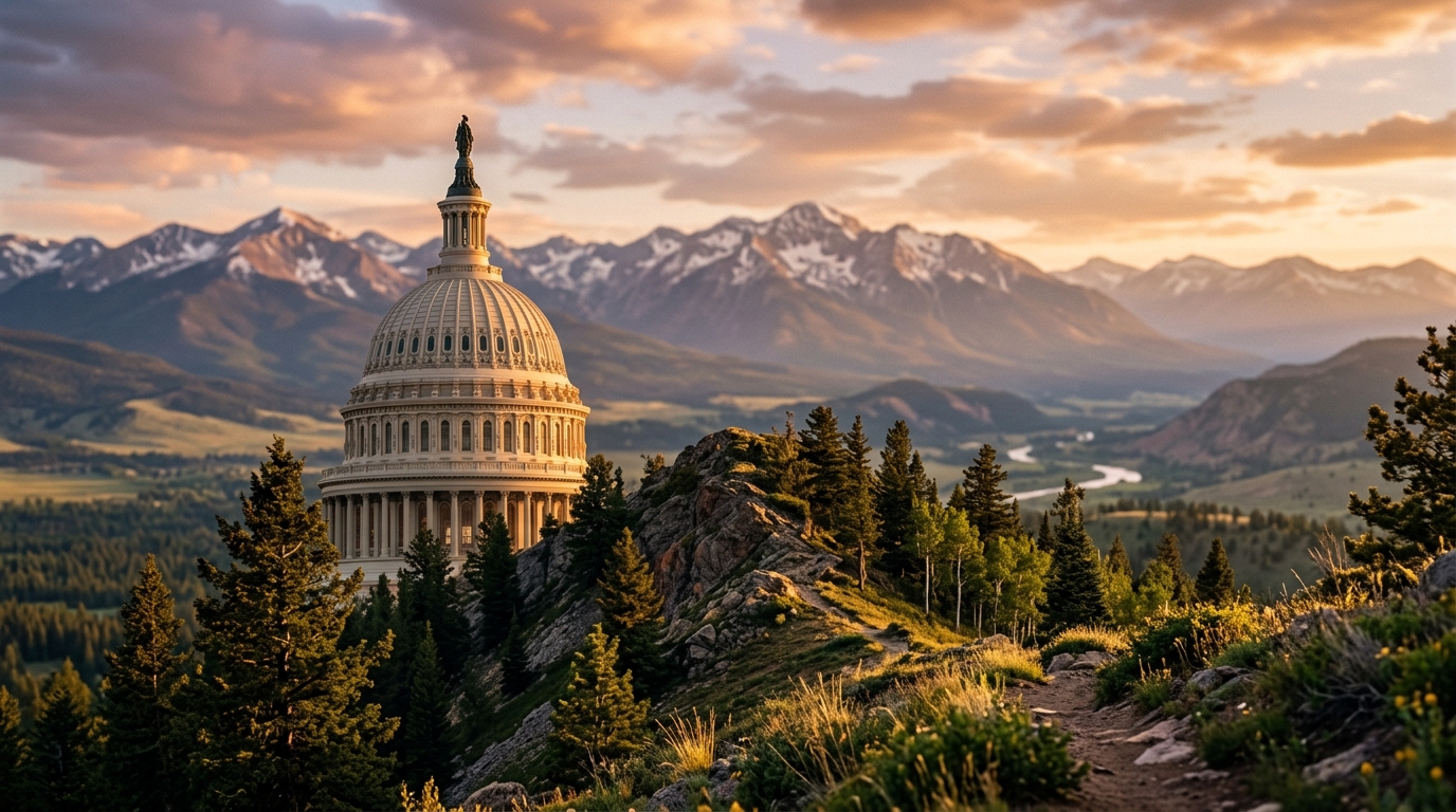 The image shows the U.S. Capitol building surrounded by mountains and trees at sunset.