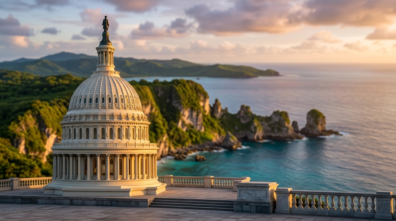 The image features the dome of a prominent building overlooking a coastal landscape.