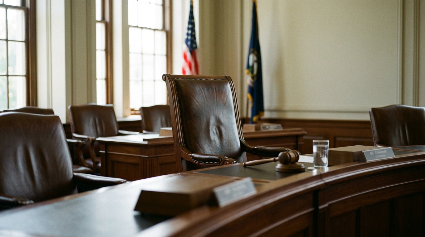 A courtroom interior featuring wooden furniture and a gavel.