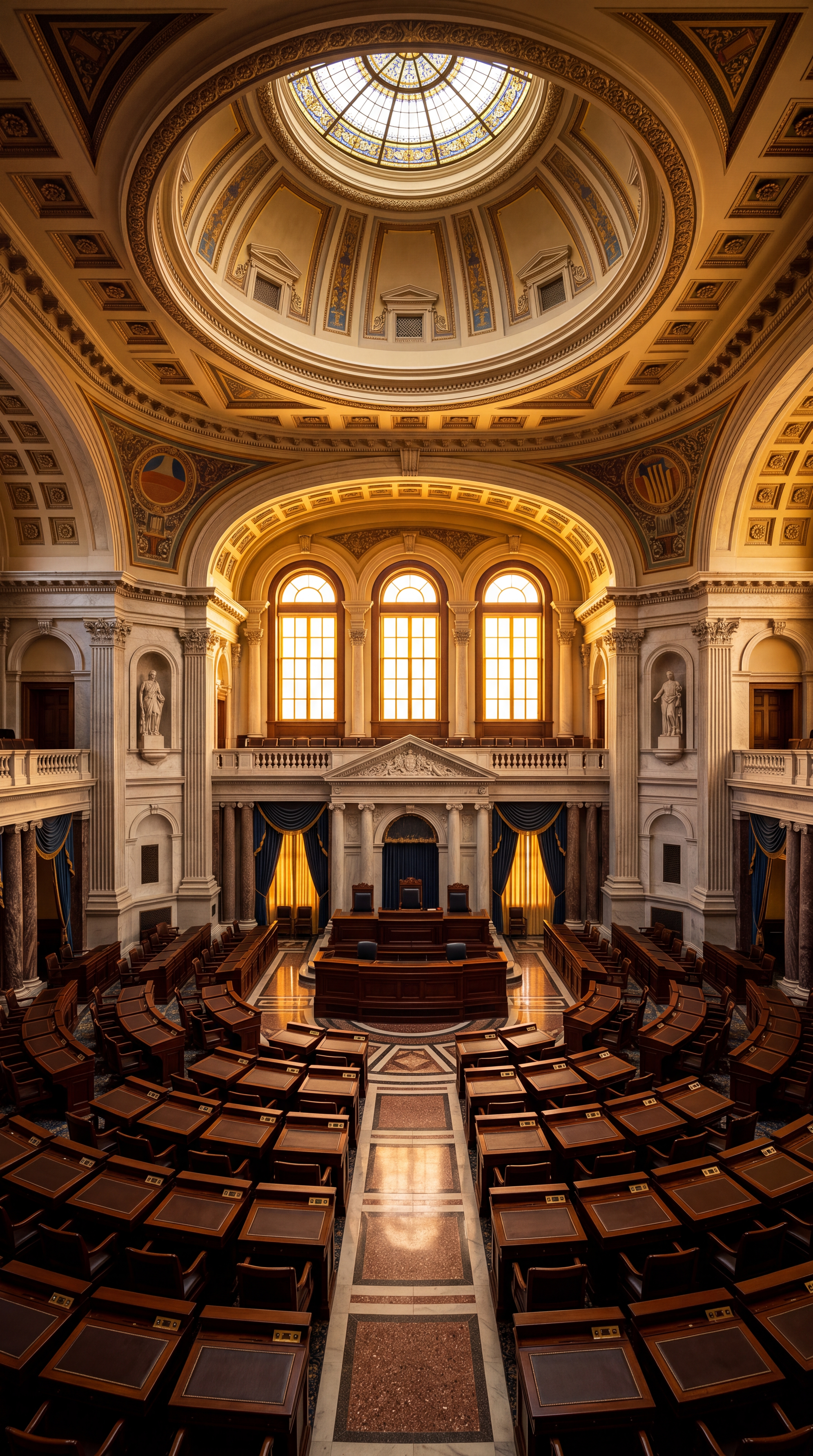 A grand interior of a legislative chamber with ornate architecture and large windows.