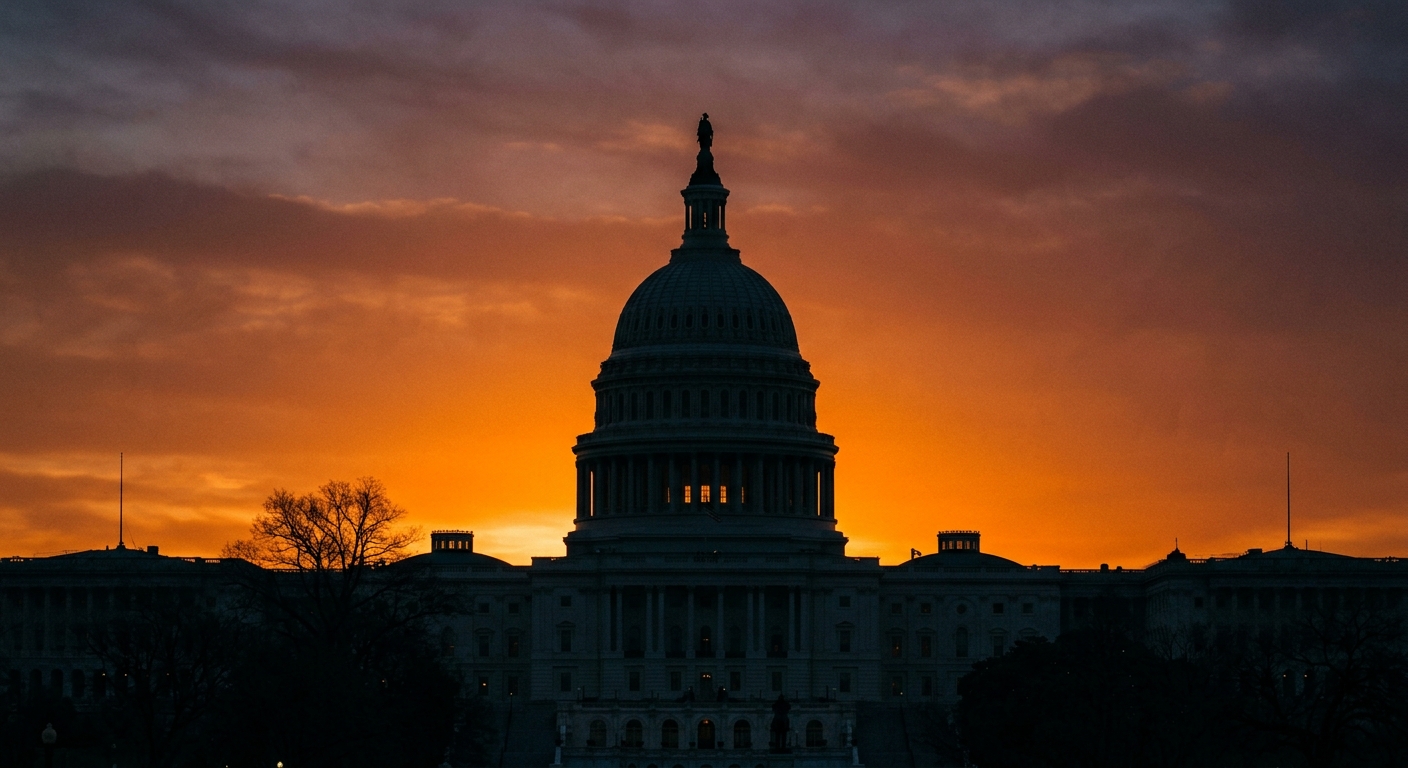The silhouette of a large dome building against a vibrant sunset.