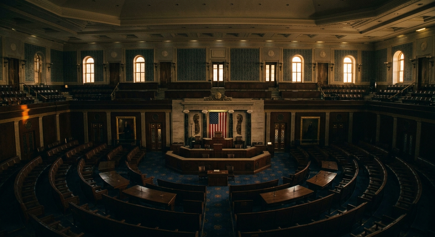 An interior view of a legislative chamber with rows of wooden seating and an American flag.