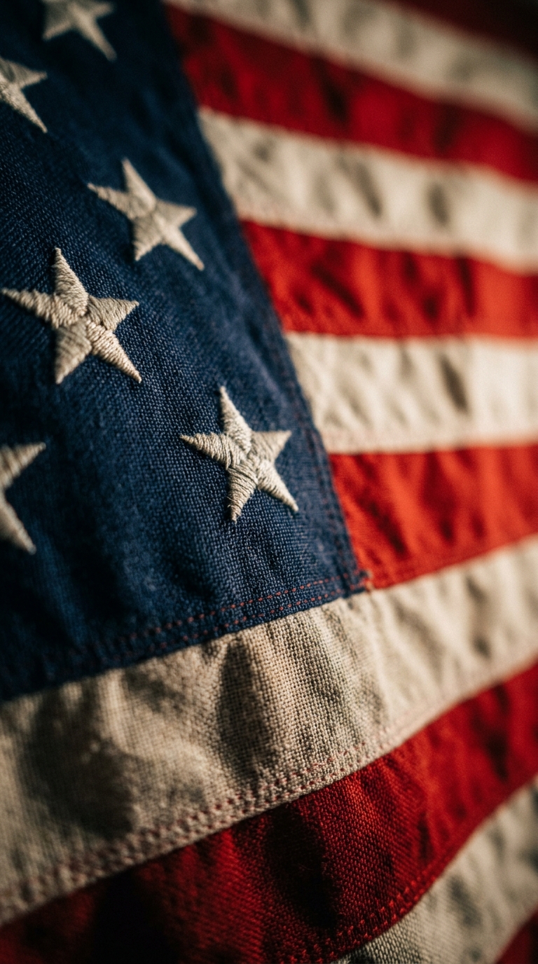 A close-up of an American flag showing its stars and stripes.