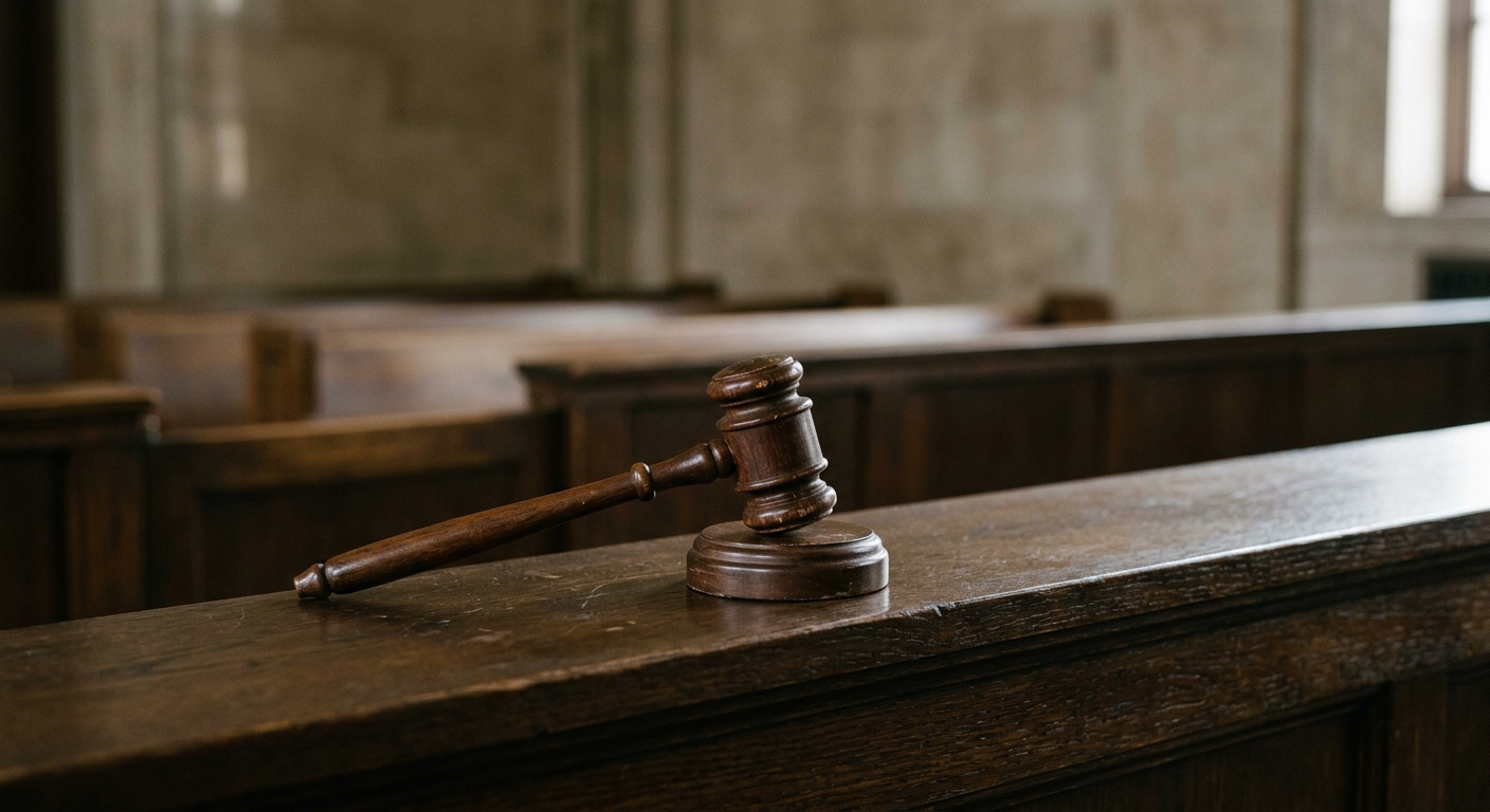 A wooden gavel resting on a wooden bench in a courtroom.