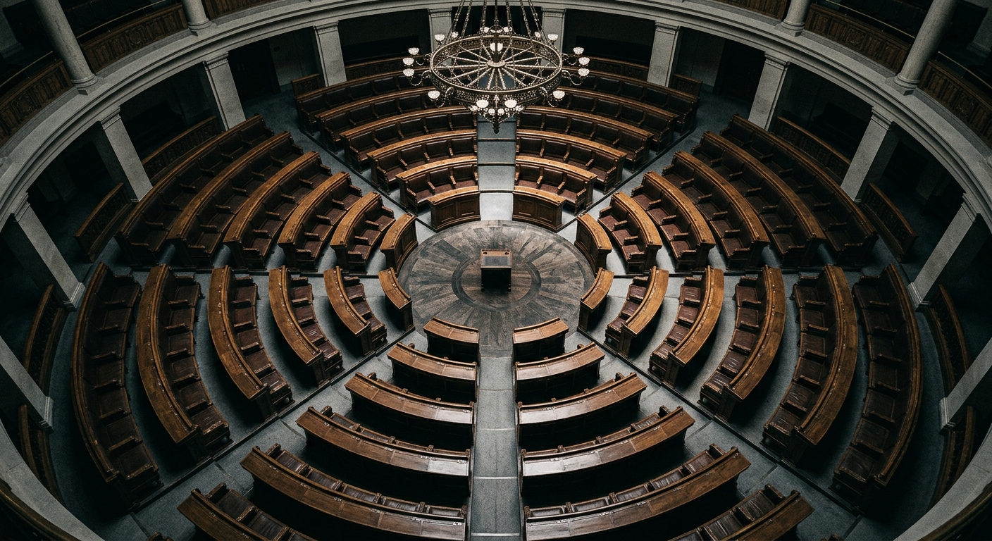 An aerial view of a circular assembly hall with wooden seating arranged in a radial pattern.