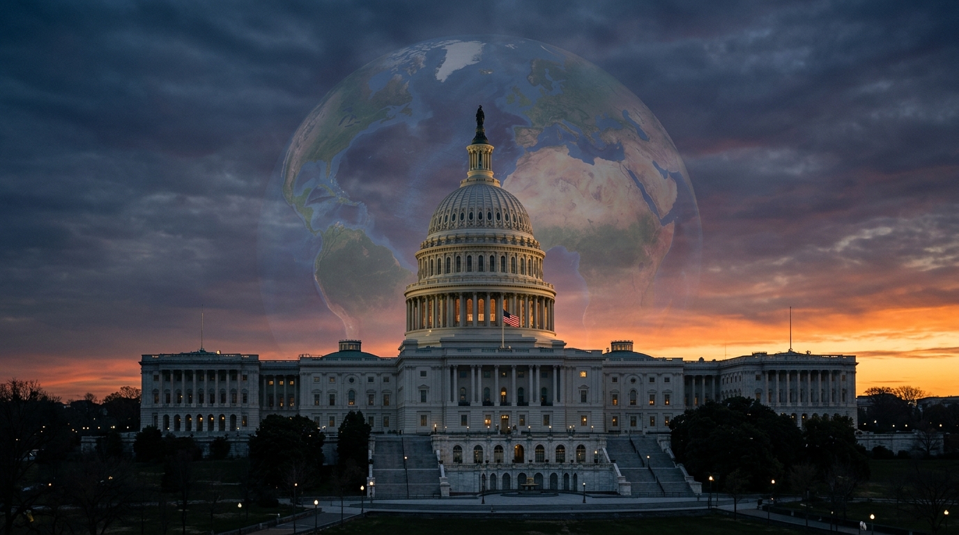 The image depicts the United States Capitol building with a globe overlay against a sunset sky.