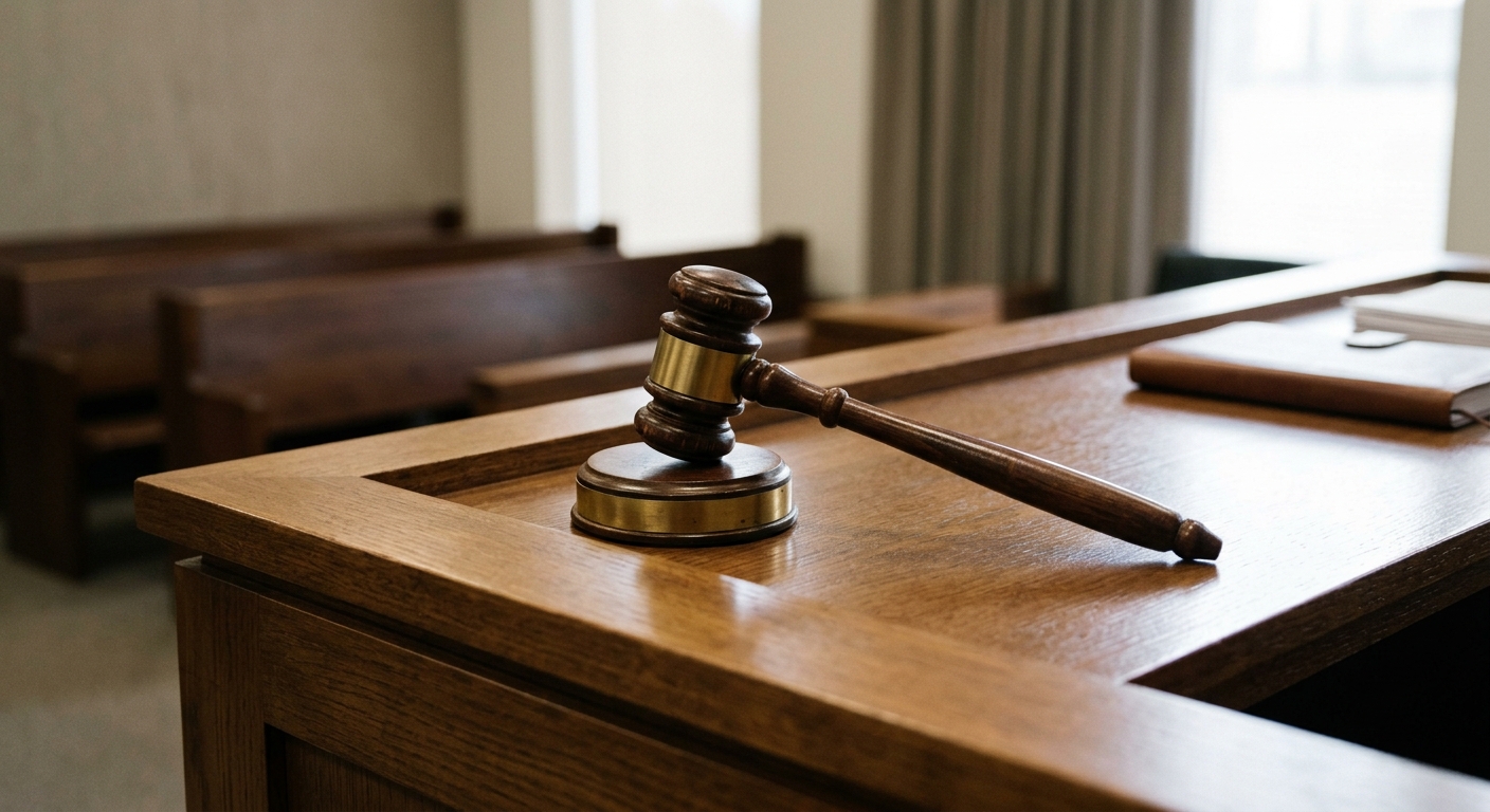 A wooden gavel rests on a judge's bench in a courtroom.