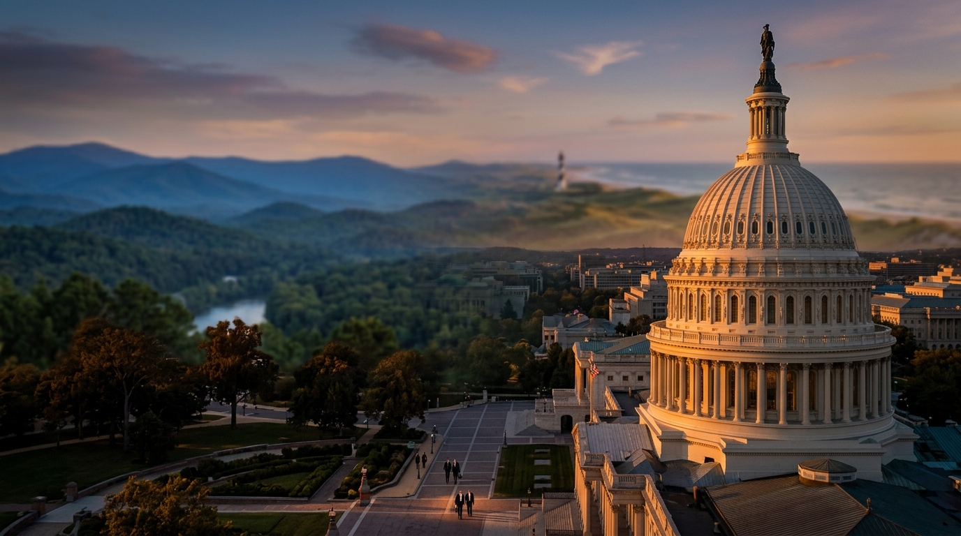 A view of the U.S. Capitol building with mountains in the background during sunset.