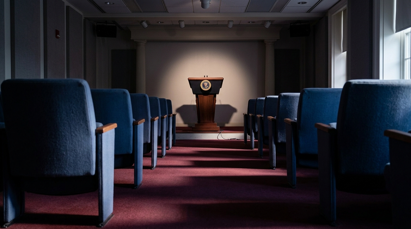 A dimly lit room with empty blue chairs facing a podium.
