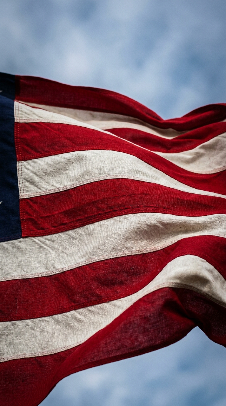 A close-up of a waving American flag against a cloudy sky.