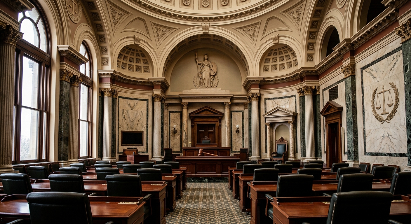 A view of an ornate legislative chamber with wooden desks and marble accents.