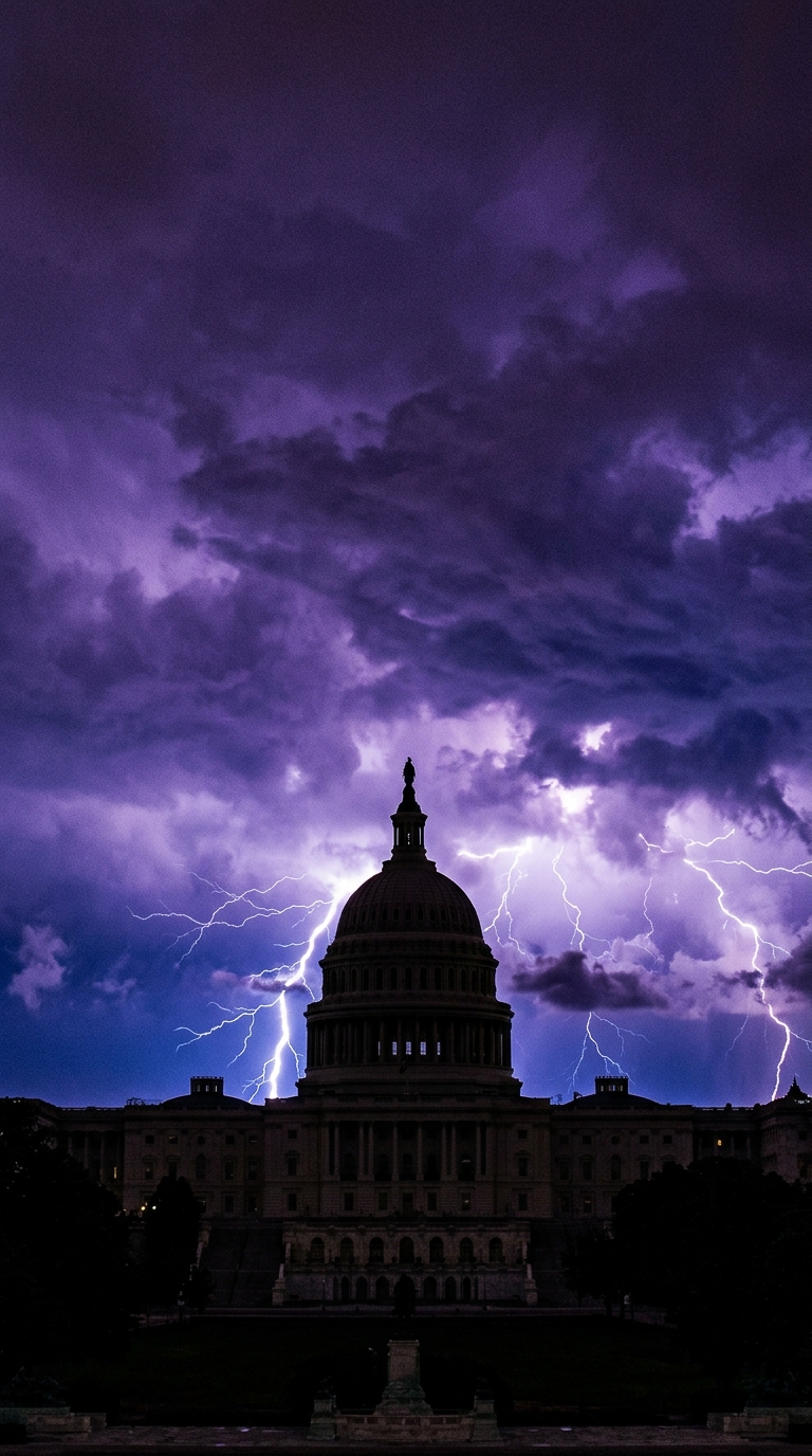 A silhouette of a large dome building against a stormy sky with lightning.