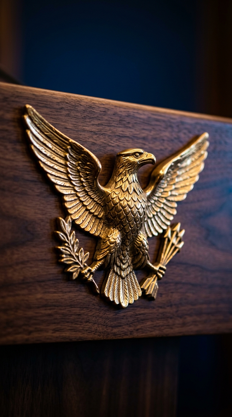 A close-up of a golden eagle emblem mounted on a wooden surface.
