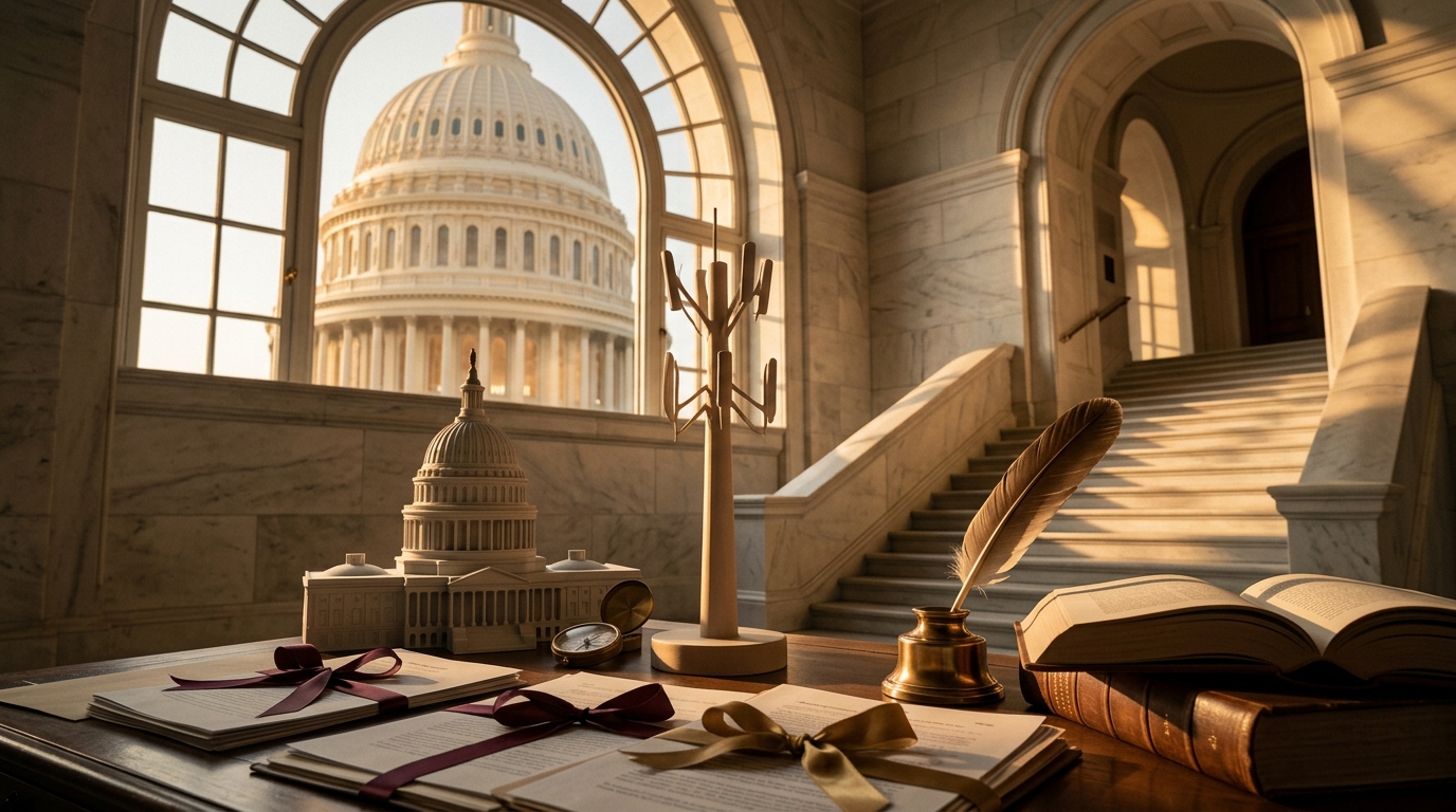 A view from an interior room showcasing a large dome building through an arched window, with a desk featuring books and decorative items.