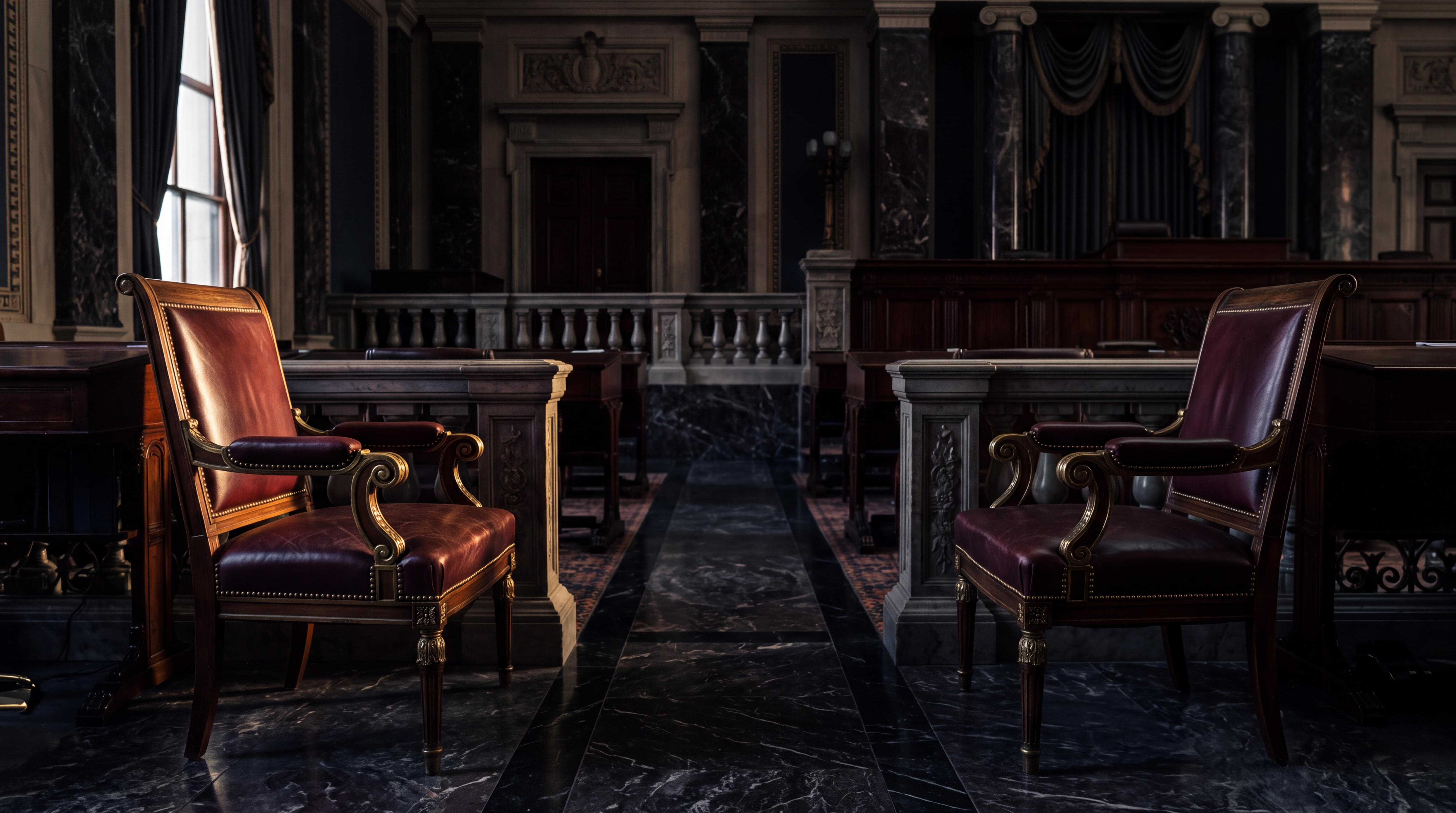 The image depicts a dimly lit legislative chamber with ornate wooden furniture and marble flooring.