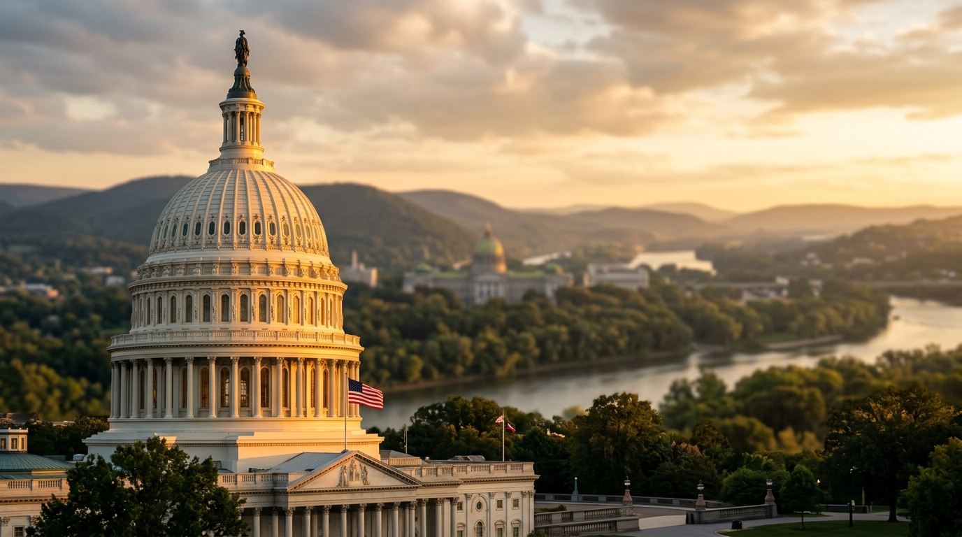 The image shows the United States Capitol building with a scenic background of hills and a river.