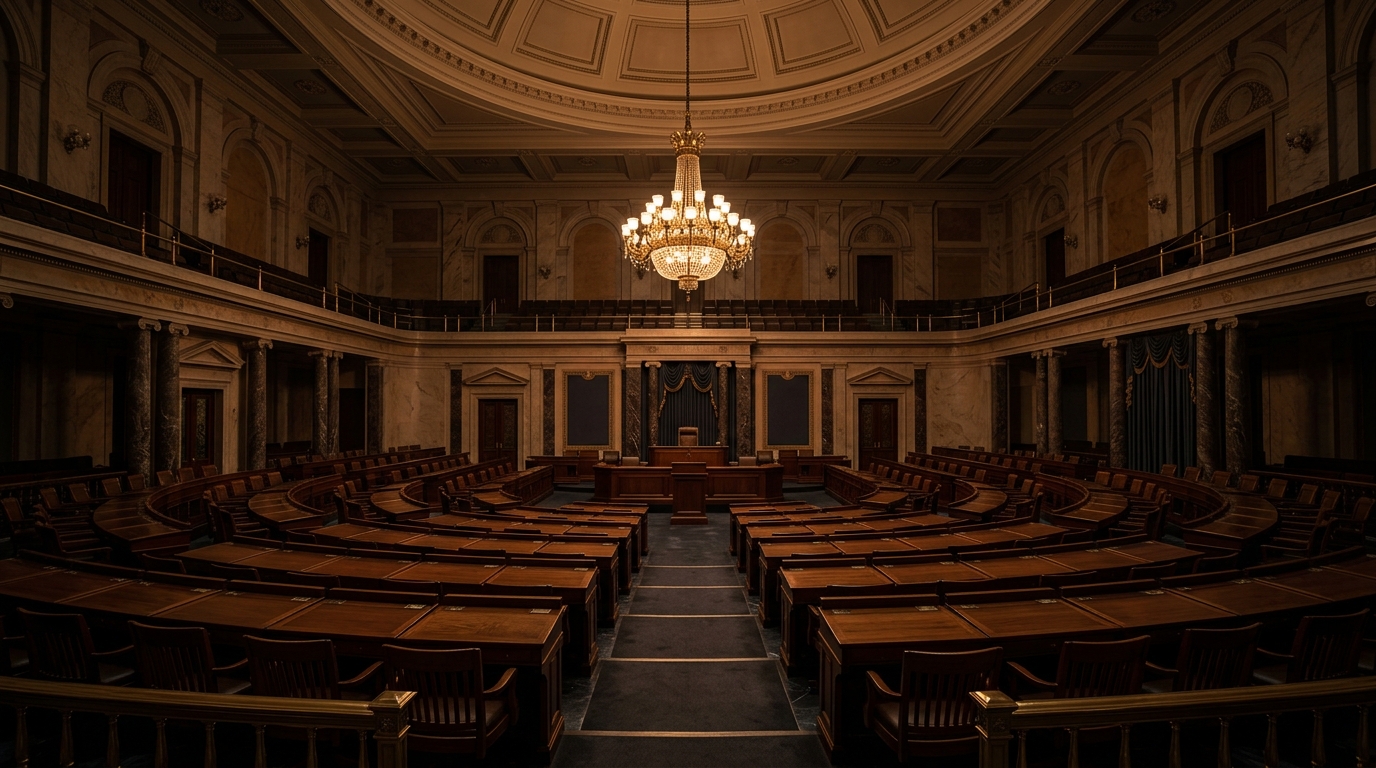 An interior view of a legislative chamber featuring rows of wooden seating and a large chandelier.