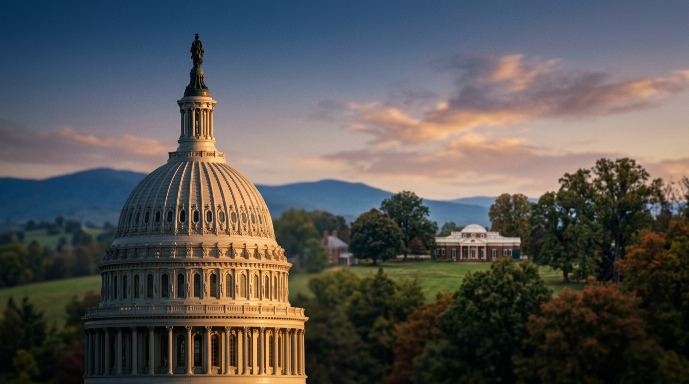 The image features the dome of a capitol building with a scenic background of mountains and trees.