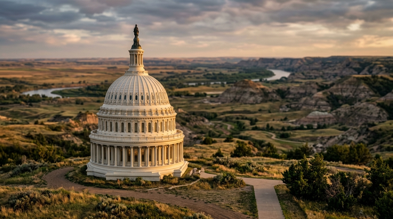 A view of the U.S. Capitol building surrounded by a natural landscape.