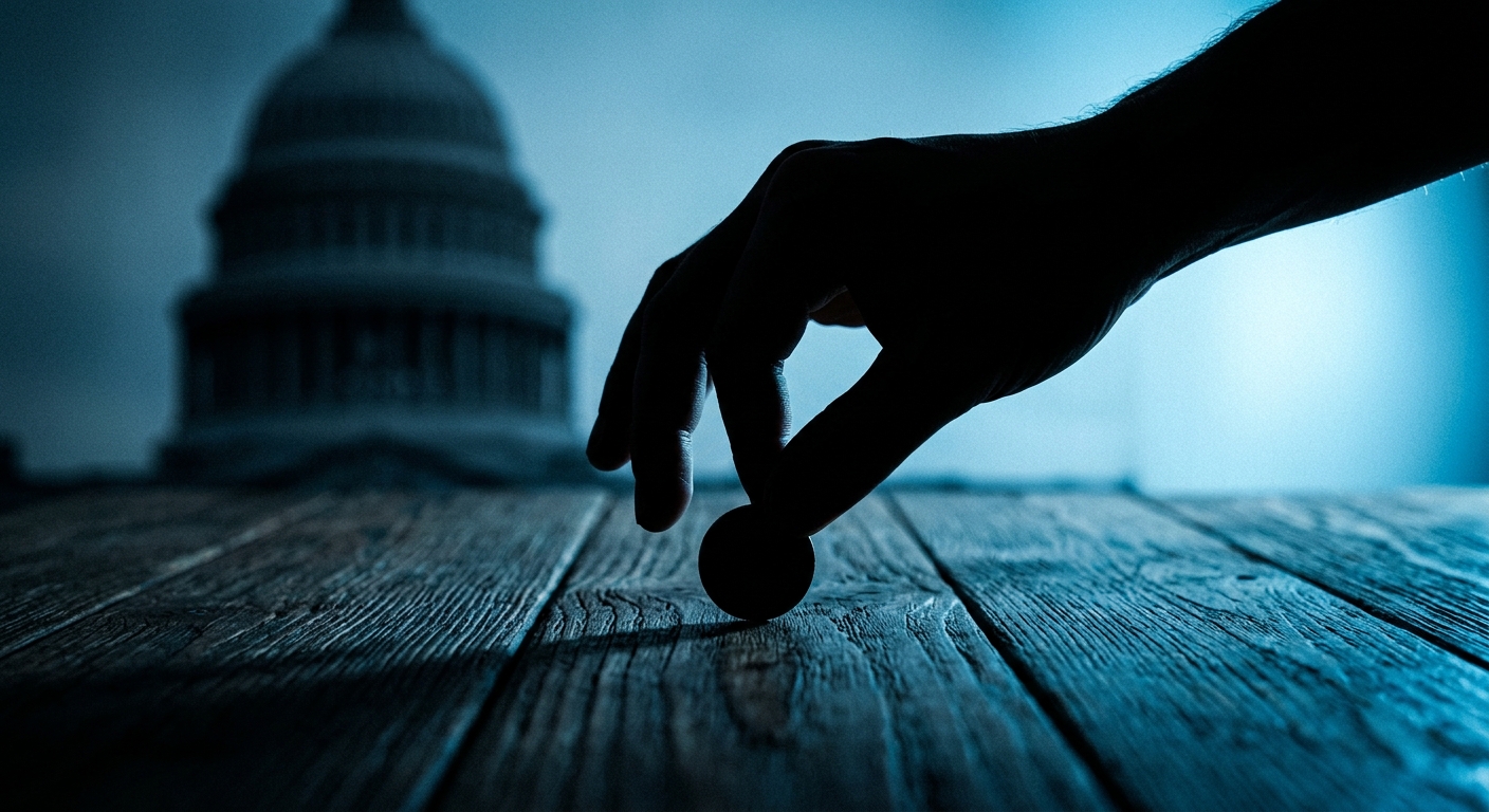A silhouette of a hand placing a coin on a wooden surface with a blurred Capitol building in the background.