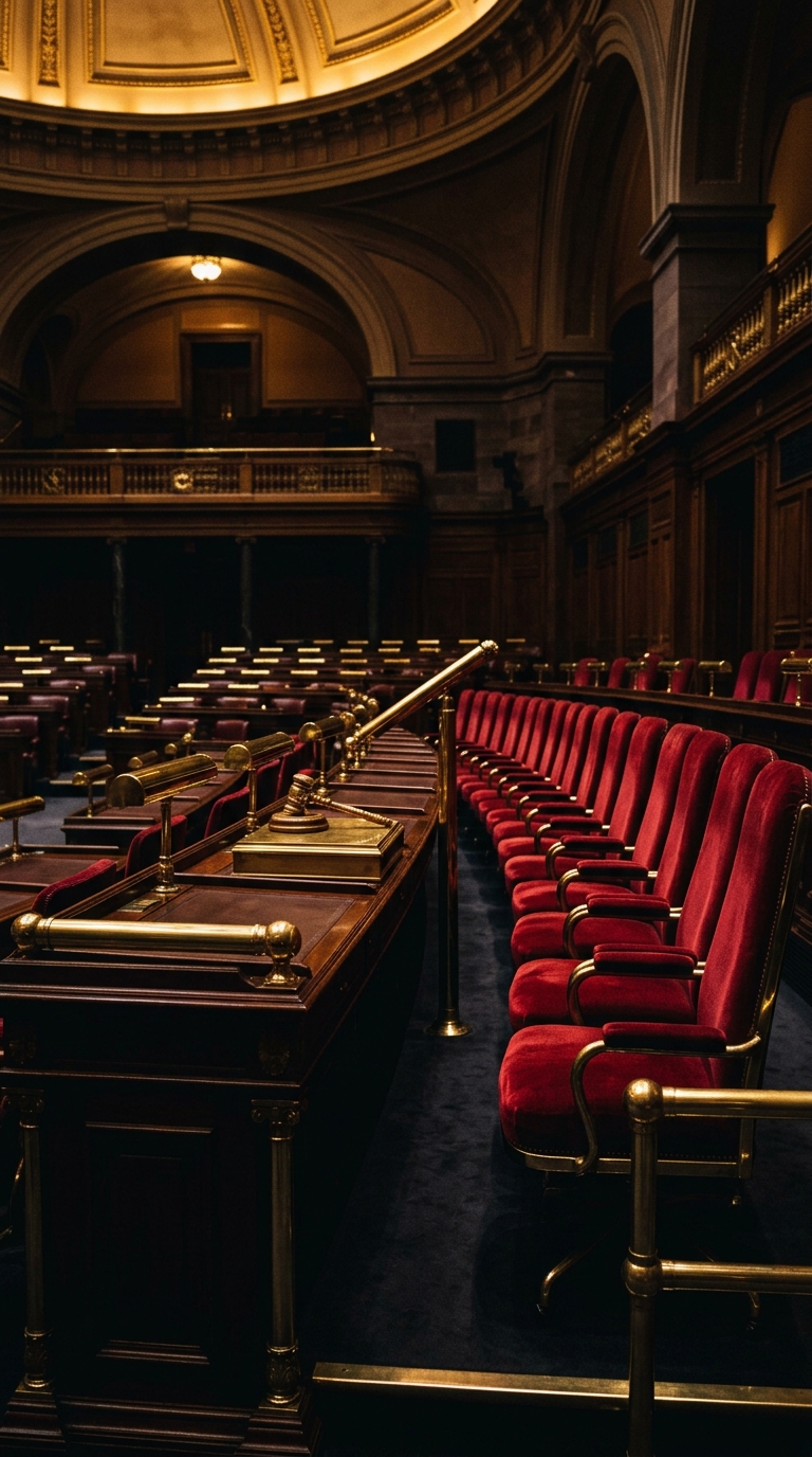 An interior view of a legislative chamber featuring red velvet seats and wooden furnishings.