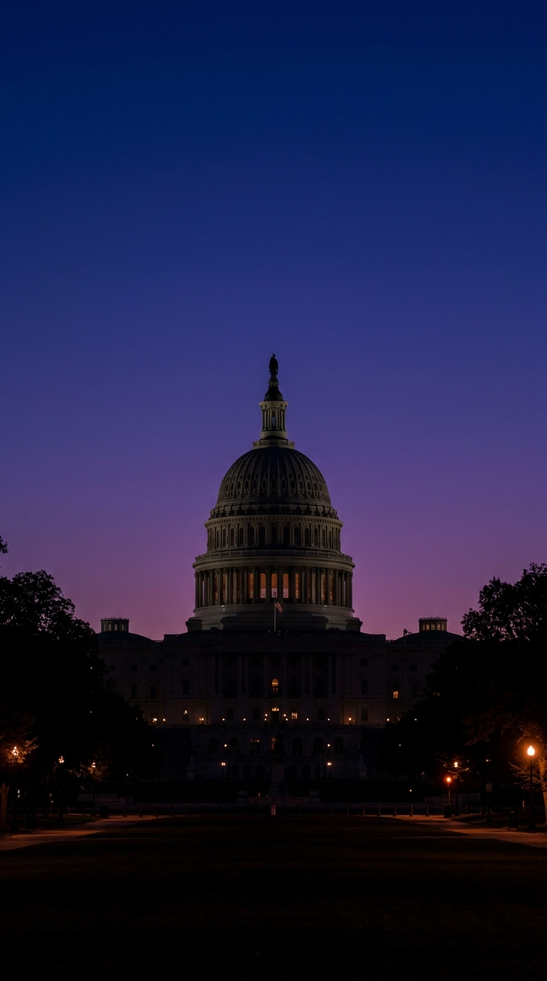 The image shows the silhouette of a large dome building against a twilight sky.